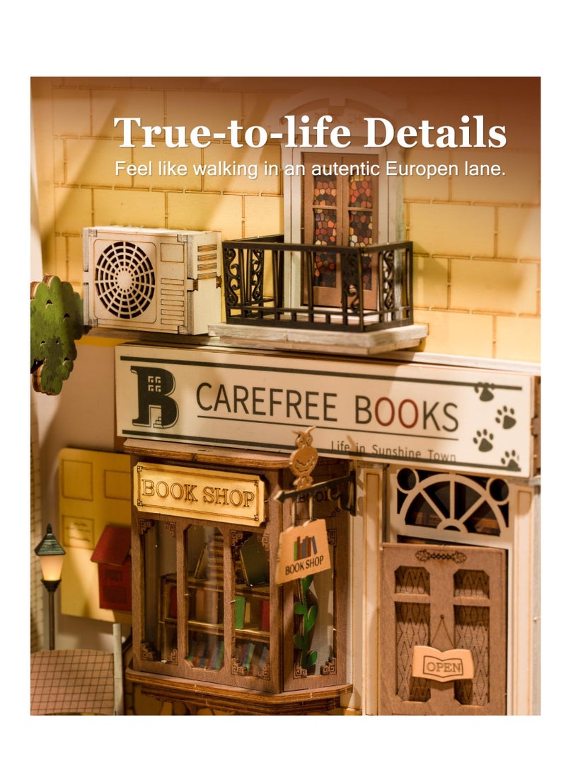 DIY Book Nook Kit, 3D Wooden Puzzle, DIY Dollhouse Bookend Diorama Kit, Dollhouse Bookshelf Insert Diorama Decor with LED, Crafts Hobbies Gifts for Adults/Teens (Sunshine Town)