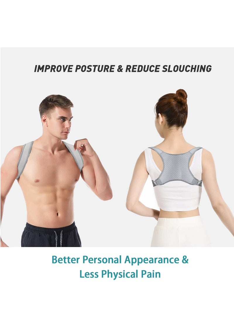 Adjustable Back Brace Posture Corrector - Comfortable Upper Spine Support for Women and Men, Relieve Neck Shoulder Clavicle, and Back Pain,Breathable Grey Design