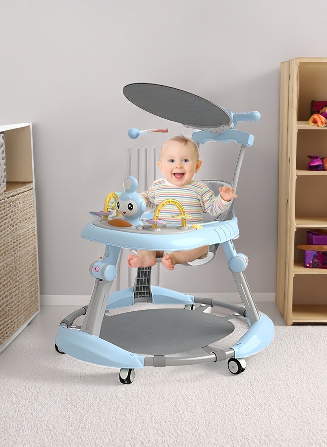 Multifunctional Baby Walker with Awning Round Kids Walker with Adjustable Height Toddler Walker with Toys