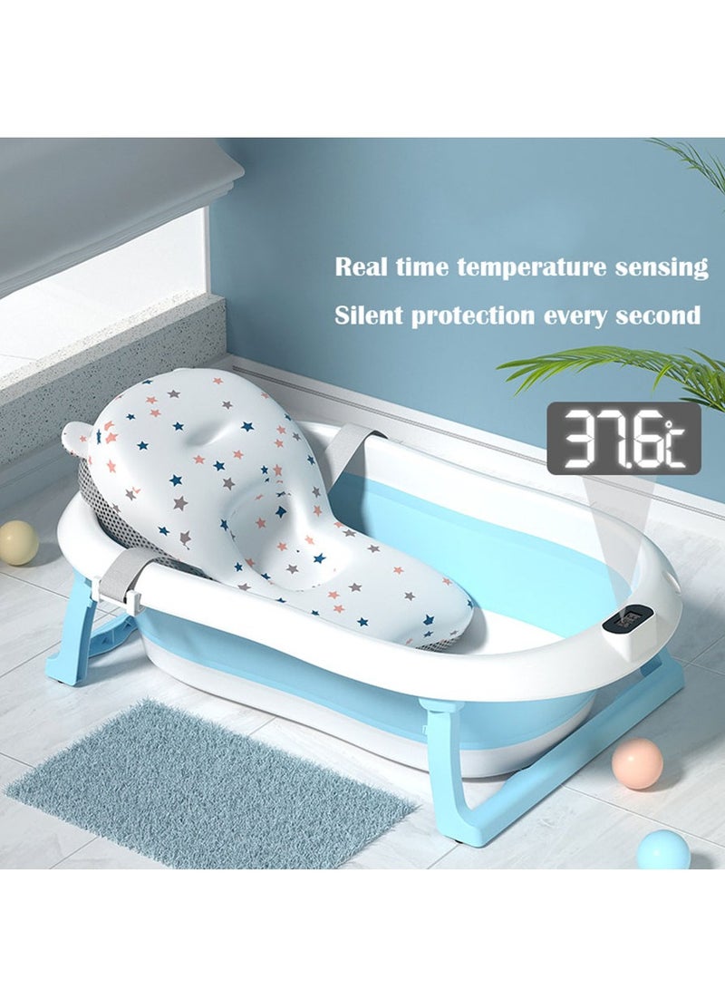 Portable Baby Bathtub, Collapsible Toddler Bathtub with Baby Cushion, Temperature Sensor and Drainage Hole, Kids Bath Hot Tub Storage Basin