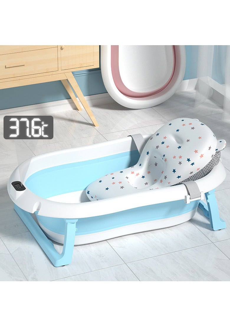 Portable Baby Bathtub, Collapsible Toddler Bathtub with Baby Cushion, Temperature Sensor and Drainage Hole, Kids Bath Hot Tub Storage Basin