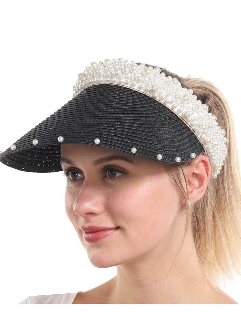 Sun Visor Hats for Women Girls Wide Brim Bowknot Pearl Straw Roll Up Ponytail Summer Beach Hat UV UPF Packable Foldable Travel (Black)