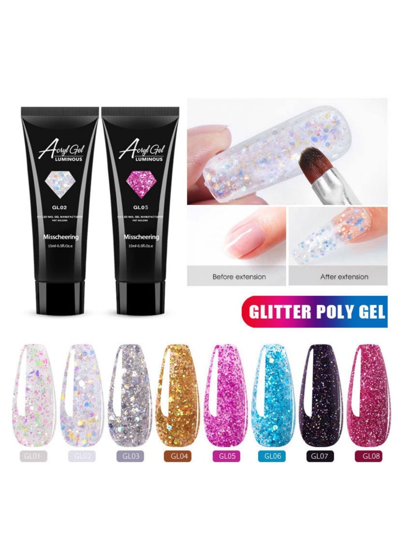Nail Extension Gel Kit, 15ml 8 Colours Glitter Sequins Poly Nail Gel Acrylic Nail Builder Enhancement Crystal Gel Set for Nail Art Design, Gel Nail Starter Kit for Beginners and Nail Technician