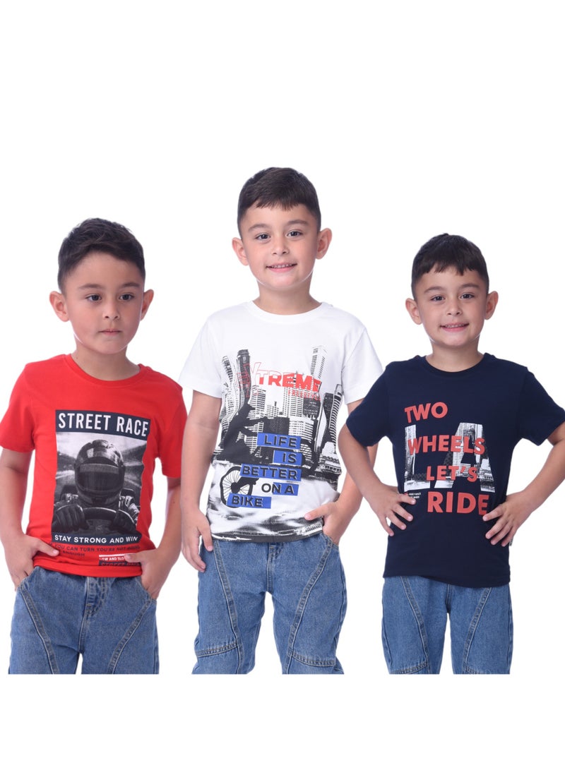 Junior Boys Pack of 3 - T-shirt-White/Navy/Red