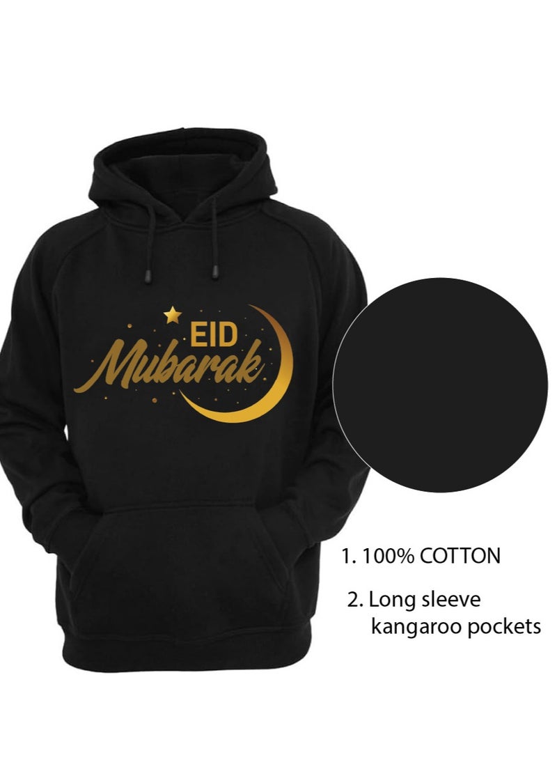 Eid Mubarak Hoodie for Both Men and Women - Soft Cotton Pullover - Long Sleeve with Drawstring and Kangaroo Pockets - Perfect for Travel - Celebrate Eid in Style