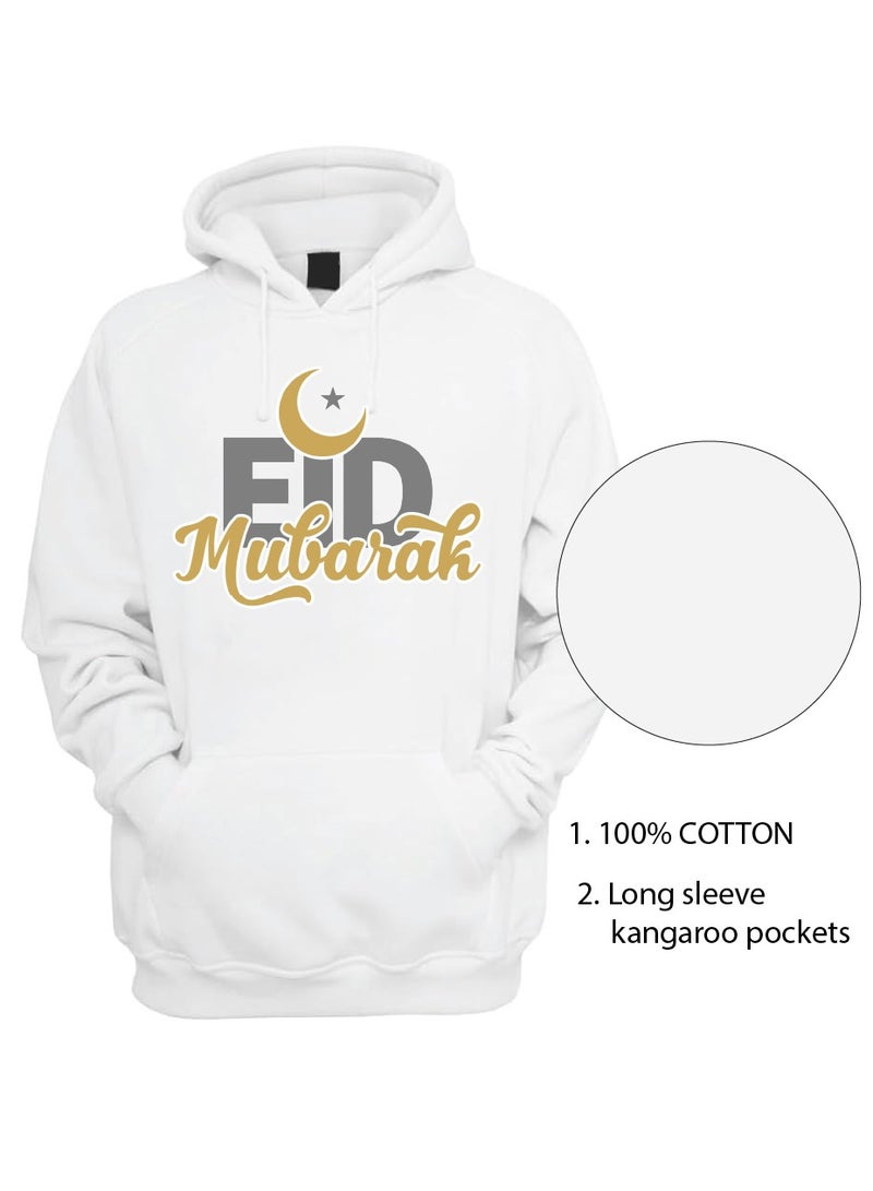 Eid Mubarak Hoodie for Both Men and Women - Soft Cotton Pullover - Long Sleeve with Drawstring and Kangaroo Pockets - Perfect for Travel - Celebrate Eid in Style