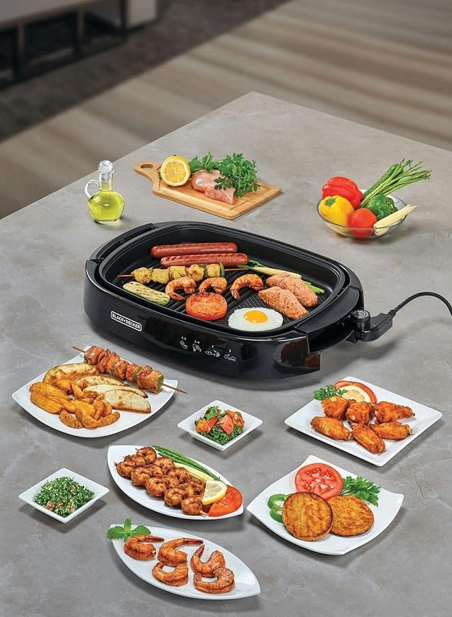 Electric Health Grill, 1500W, Large Non-Stick Griddle With Glass Lid, Family Size, 5-Level Temp Control, Cool-Touch Handles, Efficient Fat Draining, Dishwasher Safe 1500 W GH1500-B5 Black