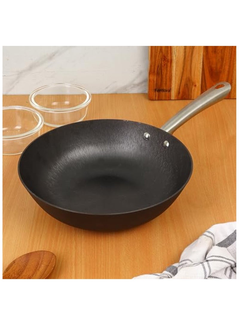 Preseasoned Cast Iron Fry Pan, Wok Of 28cm Diameter With Tough Handle Non Toxic And Coating Free-1 Pc, Black