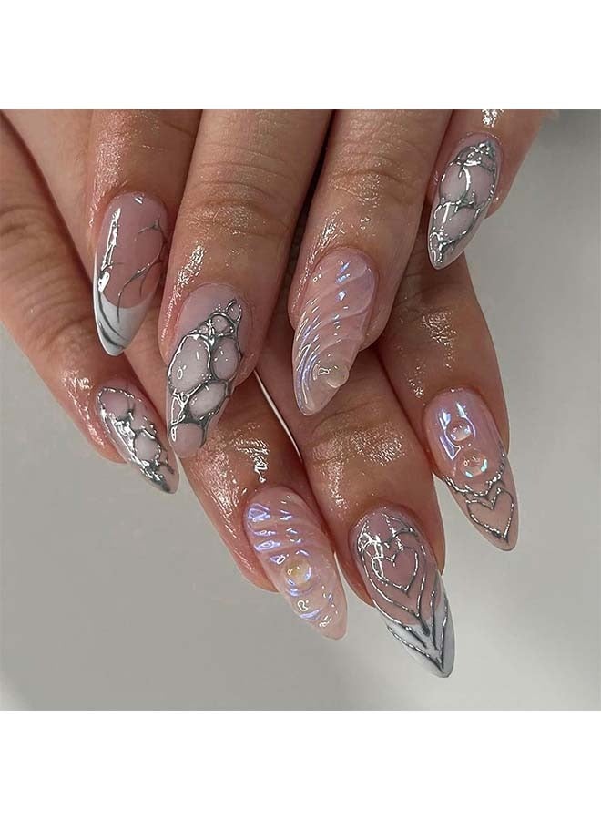 Almond Press on Nails Medium Fake Nails Nude Full Cover Stick on Nails with Silvery Glitter Designs Glossy False Nails 5D Nail Charms French Nails for Women Girls Artificial Acrylic Nails