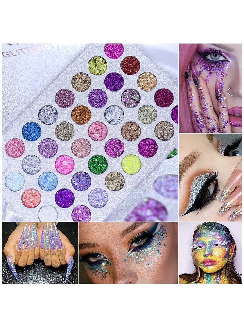 Glitter Eyeshadow, 40 Colors Sparkle Palette Glue Pallete Eyeshadow Face Paint Glitter, White Silver Colorful Sparkly Eye Makeup Pallet Palettes Gel for Women