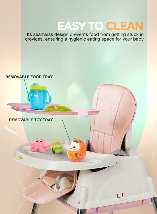 4 In 1 Baby Adjustable High Chair With Footrest, Tray And Belt For 6 Months to 3 Years, Pink