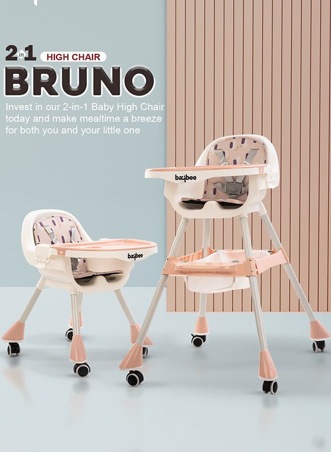 2 In 1 Baby Adjustable High Chair With Storage, Tray And  Wheels For 6 Months to 3 Years, Pink