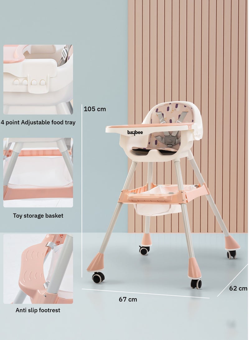 2 In 1 Baby Adjustable High Chair With Storage, Tray And  Wheels For 6 Months to 3 Years, Pink