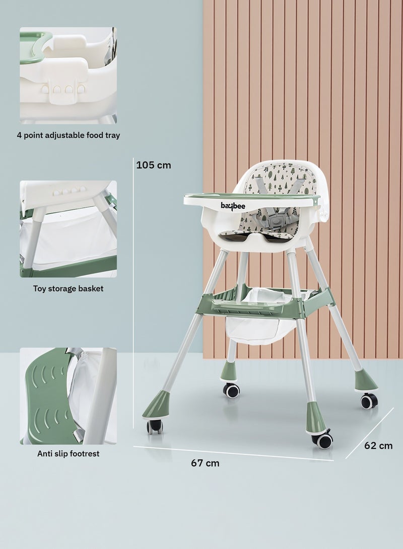2 In 1 Baby Adjustable High Chair With Storage, Tray And  Wheels For 6 Months to 3 Years, Green