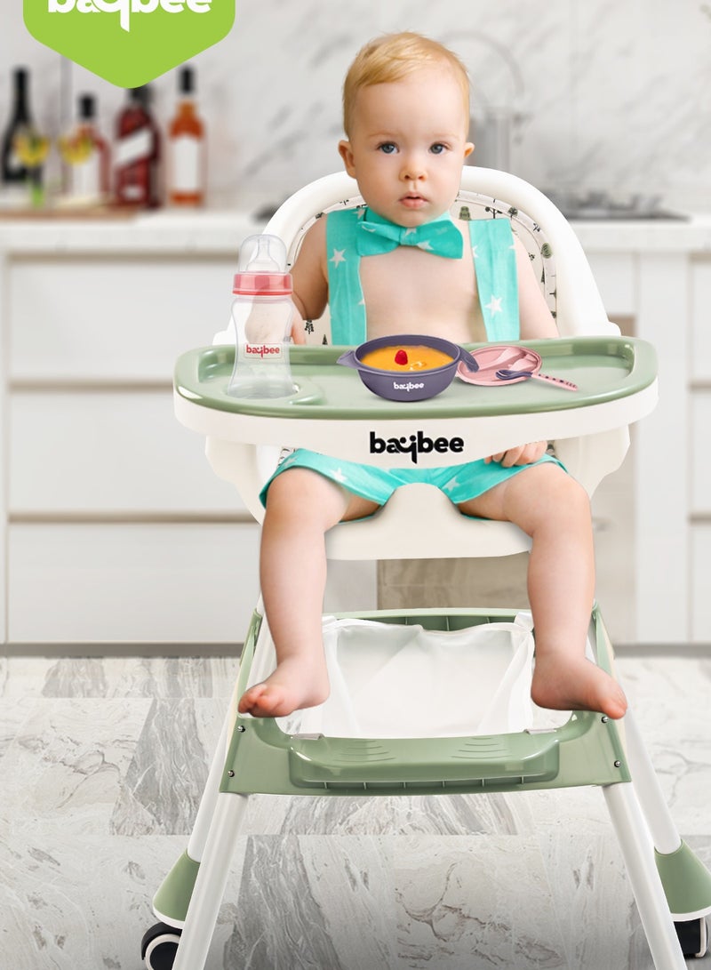 2 In 1 Baby Adjustable High Chair With Storage, Tray And  Wheels For 6 Months to 3 Years, Green
