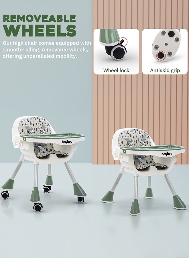 2 In 1 Baby Adjustable High Chair With Storage, Tray And  Wheels For 6 Months to 3 Years, Green