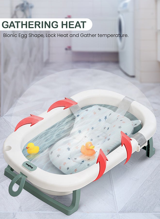 Foldable Baby Bath Tub With Anti-Skid Base, Support Cushion, Temperature Sensing Plug And Wall Mountable 0-3 Years, Green