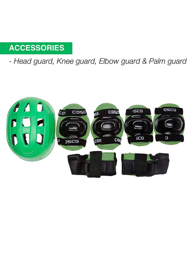 4 in 1 Protective Kit for Skating of Junior Size Includes 1 Helmet, 2 Knee, 2 Elbow and 2 Palm Guards | Green | Material : PVC and Foam | For Both - Kids & Adults