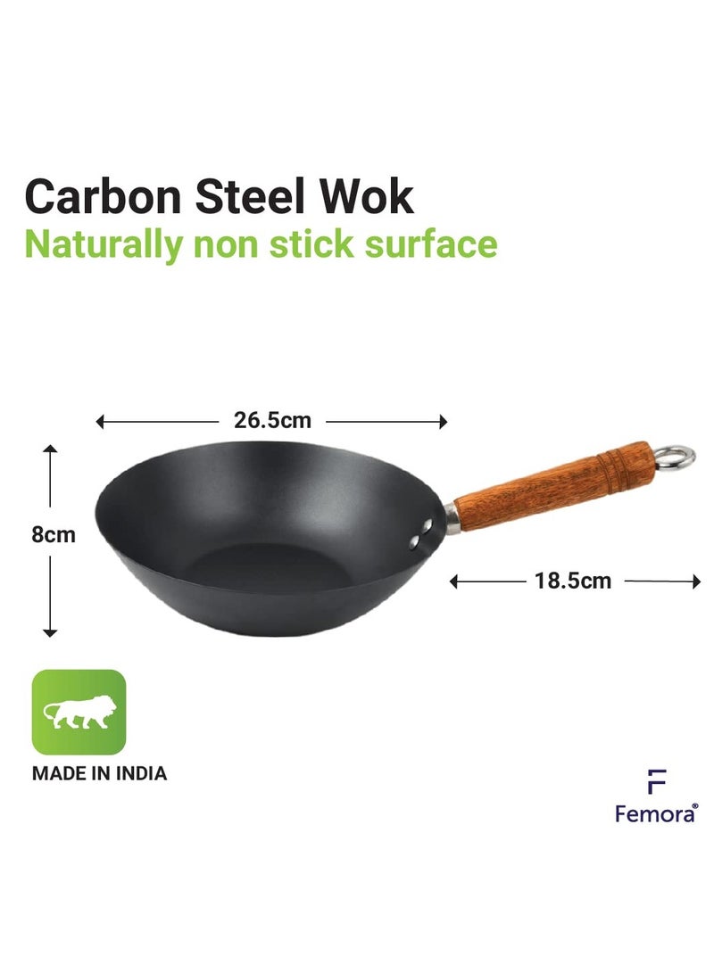 Carbon Steel 27 cm Wok/Kadhai with Strong Wooden Handle, 100% Toxin-Free, Naturally Non-Stick, Long Lasting