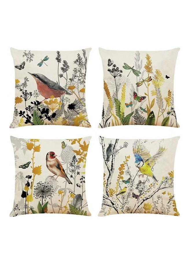 Set of 4 Decorative Throw Pillow Covers 18x18'' Birds Butterfly and Plant Cushion Covers 45cm x 45cm Boho Linen Square Throw Pillow Cases for Living Room Sofa Couch Bed Pillowcases