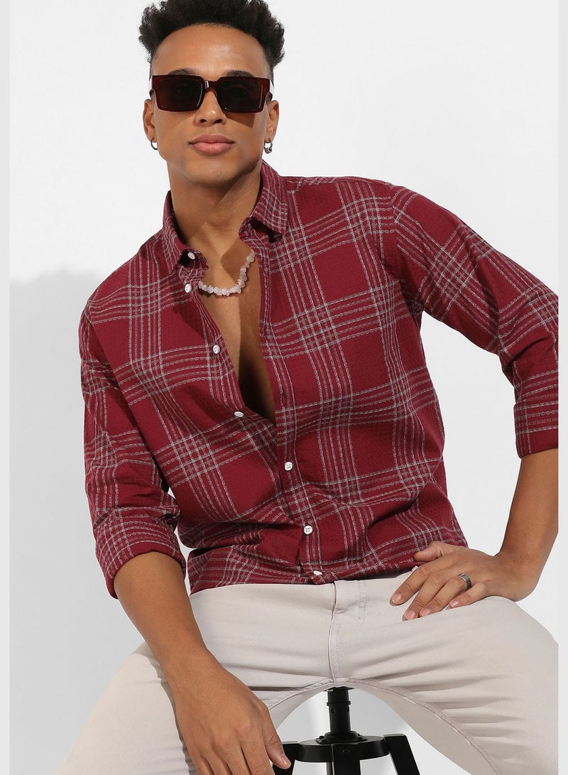 Checkered Spread Collar Long Sleeve Shirt