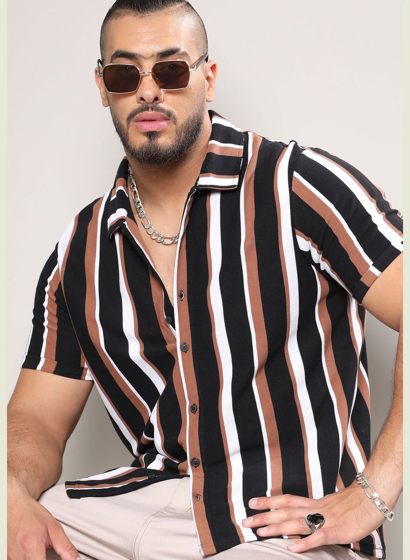 Striped Spread Collar Short Sleeve Shirt