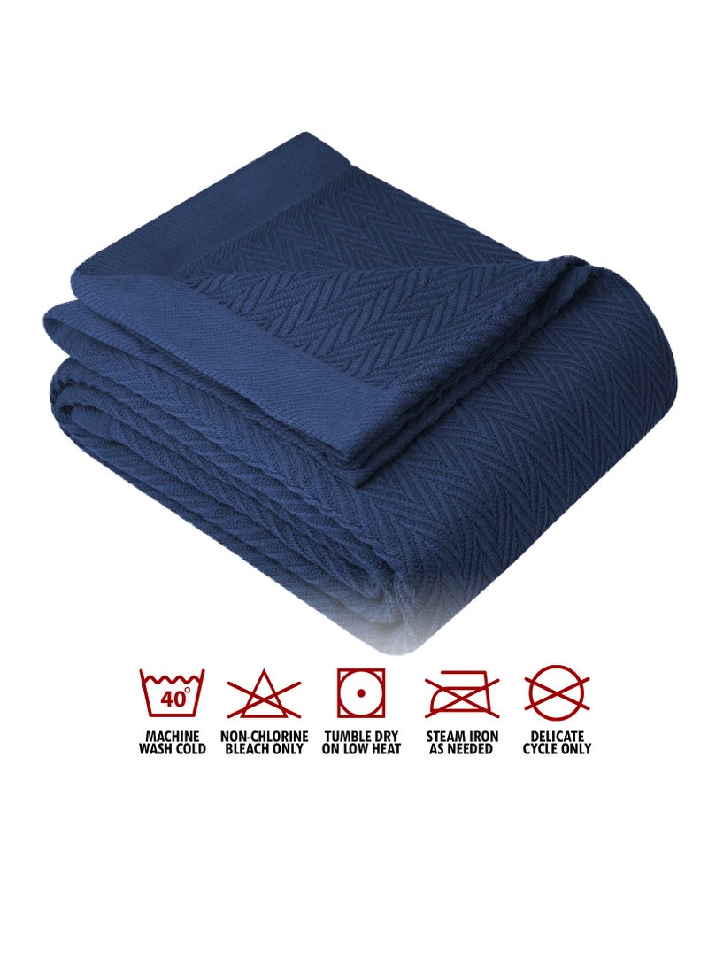 Luxurious Thermal Cotton Blanket Blue Queen – Herringbone 405 GSM 230cm x 230cm 100% Long Staple Throw Cotton Blankets for All Seasons – Soft Blanket for Bed by Infinitee Xclusives