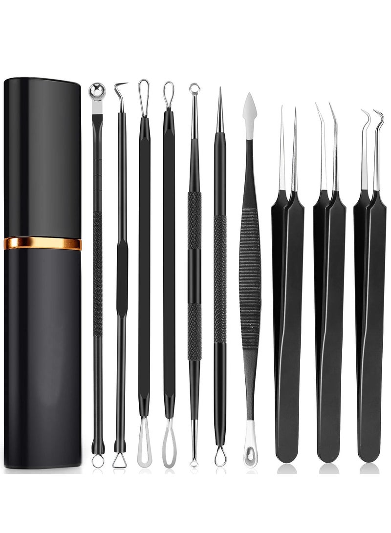 Pimple Popper Tool Kit, 10Pcs Blackhead Remover Comedone Extractor Tweezers Kit with Metal Case for Quick and Easy Removal of Pimples, Blackheads, Zit Removing, Forehead, Facial Nose Black