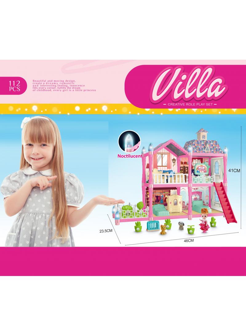 112 Pcs DIY Doll House With Night Light Princess Dream,Dream House Villa For Girls Pretend Toys-2 Story 4 Rooms Dollhouse,Toddler Playhouse Kids Gift For Girls Best Birthday Gift Children's Day