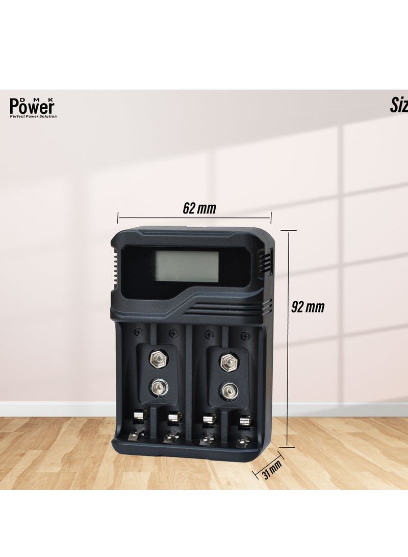 DMK Power TC-Q4A9 4-Slot LCD Quick Rechargeable battery Charger for AA AAA & 9V Batteries with Micro USB Cable