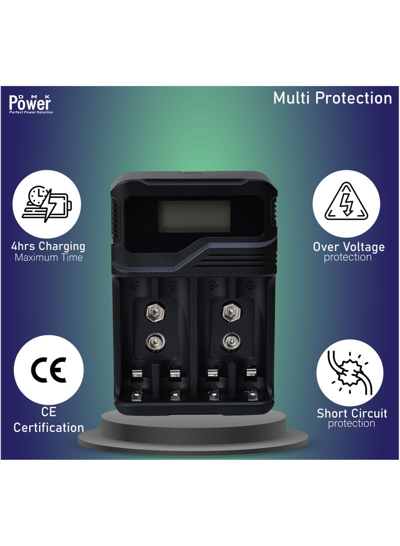 DMK Power TC-Q4A9 4-Slot LCD Quick Rechargeable battery Charger for AA AAA & 9V Batteries with Micro USB Cable