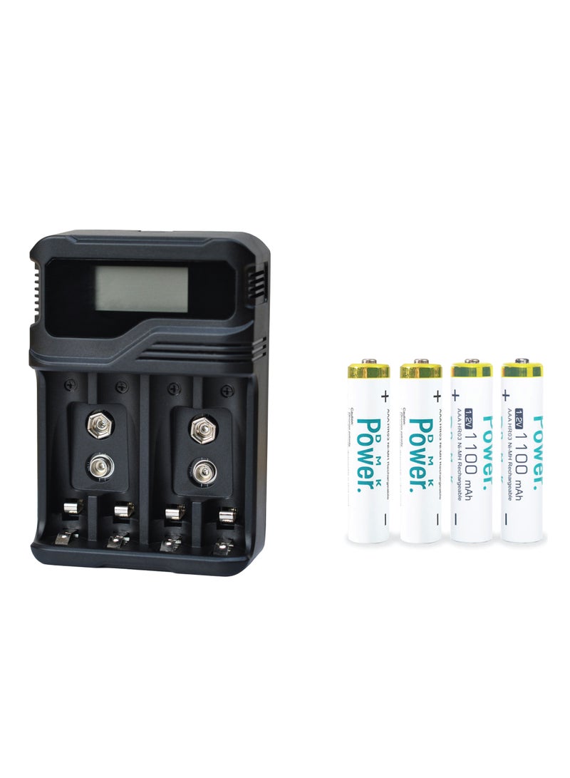DMK Power Rechargeable 4pcs AAA 1100mAh High Capacity Batteries 1.2V Ni-MH Low Self Discharge with TC-Q4A9 4-Slot LCD Quick Rechargeable battery Charger USB Fast Charging, Independent Slot.