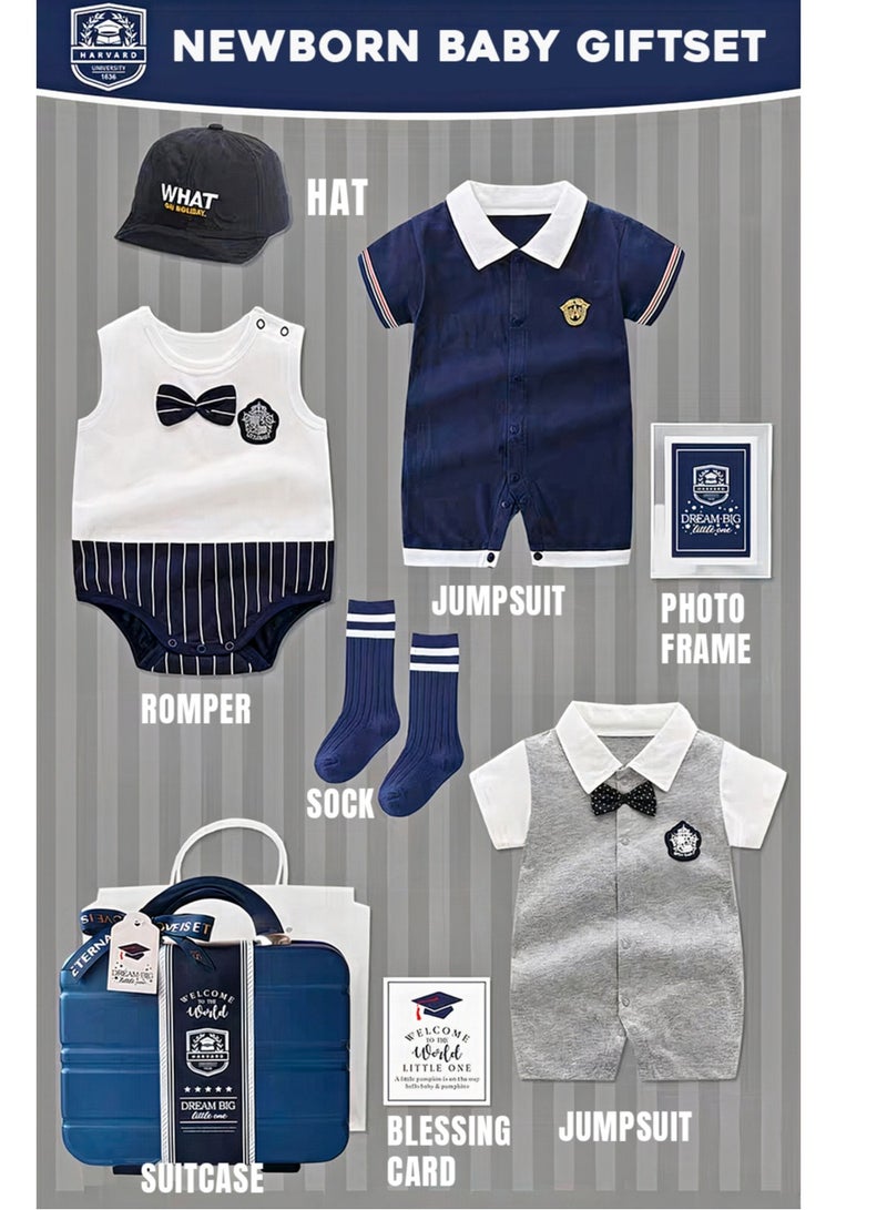 Newborn Baby Giftset with Half Sleeve Jumpsuits and Romper in Suitcase for 0-3M Boys and Girls