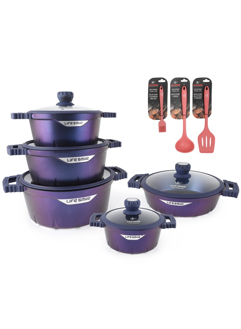Cookware Set 13 pieces - LIFE SMILE Pots and Pans set Granite Non Stick Coating 100% PFOA FREE, Induction Base Cooking Set include Casseroles & Shallow Pot & Fry Pans & Silicone Utensils