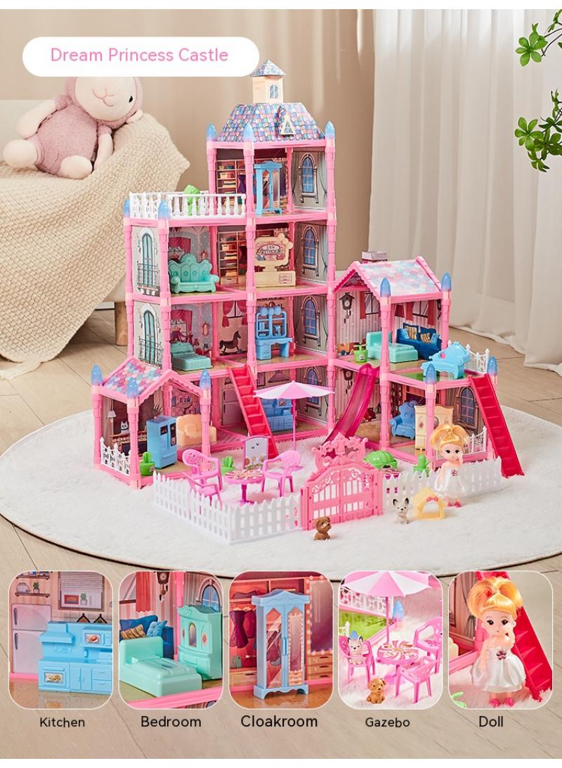 275 Pcs DIY Doll House With Night Light Princess Dream,Dream House Villa For Girls Pretend Toys-4 Story 11 Rooms Dollhouse,Toddler Playhouse Kids Gift For Girls Best Birthday Gift Children's Day