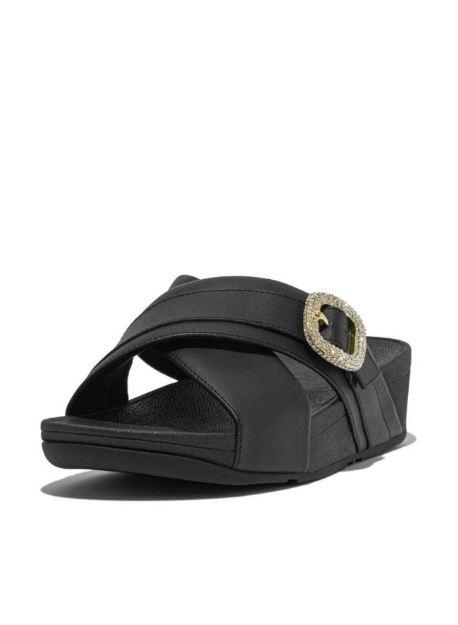 049-796 FITFLOP Ladies Sandals HO1-001 Lulu Crystal-Buckle Leather Cross Slides - Black