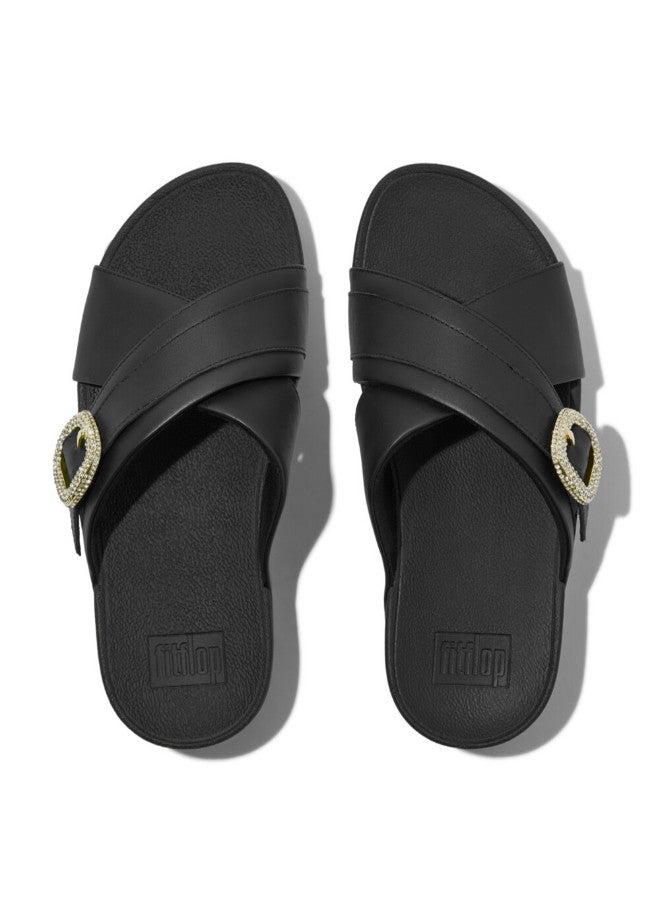 049-796 FITFLOP Ladies Sandals HO1-001 Lulu Crystal-Buckle Leather Cross Slides - Black