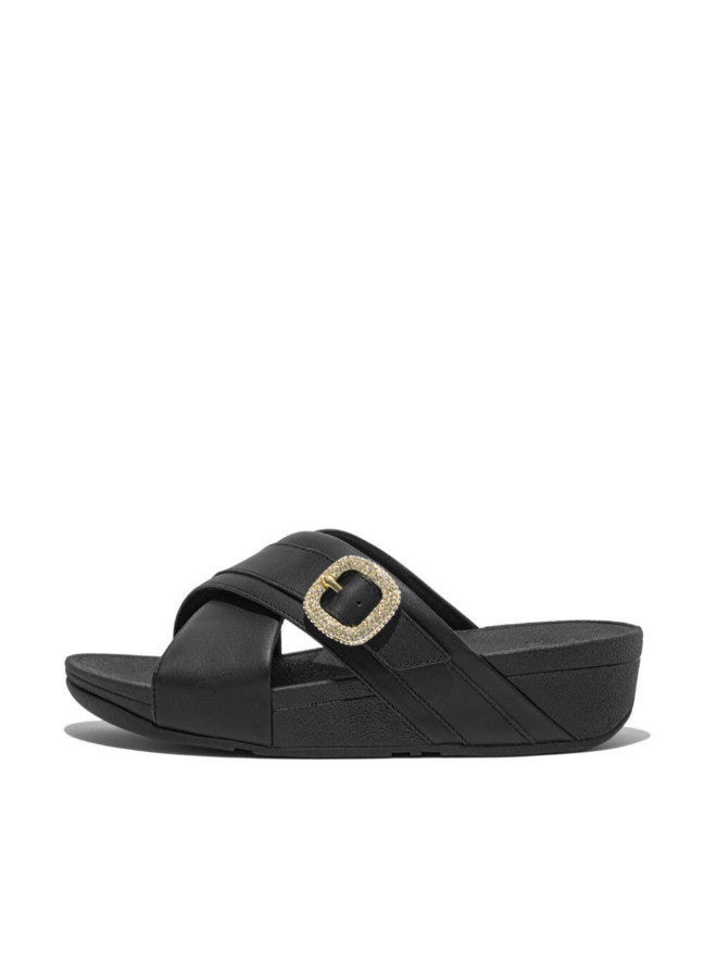 049-796 FITFLOP Ladies Sandals HO1-001 Lulu Crystal-Buckle Leather Cross Slides - Black