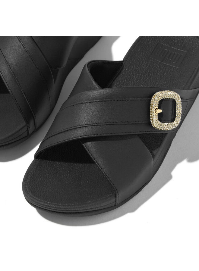 049-796 FITFLOP Ladies Sandals HO1-001 Lulu Crystal-Buckle Leather Cross Slides - Black