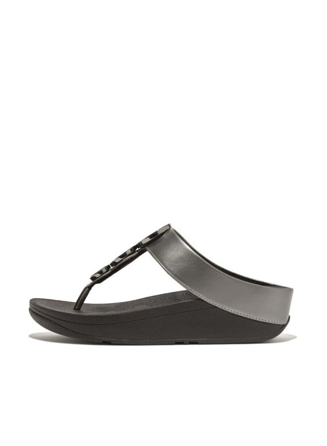 049-793 FITFLOP Ladies Sandals HJ1-B06 Halo Bead-Circle Metallic Toe-Post Sandals - Pewter Black