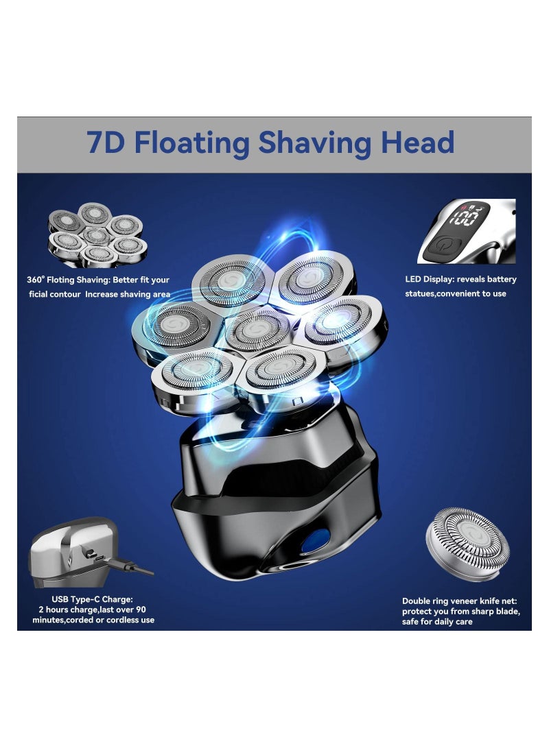7D Electric Head Shave for Men 5-in-1 Razor Bald Cordless Rechargeable USB Waterproof Wet/Dry Rotary Shaver Grooming Kit with LED Display Screen