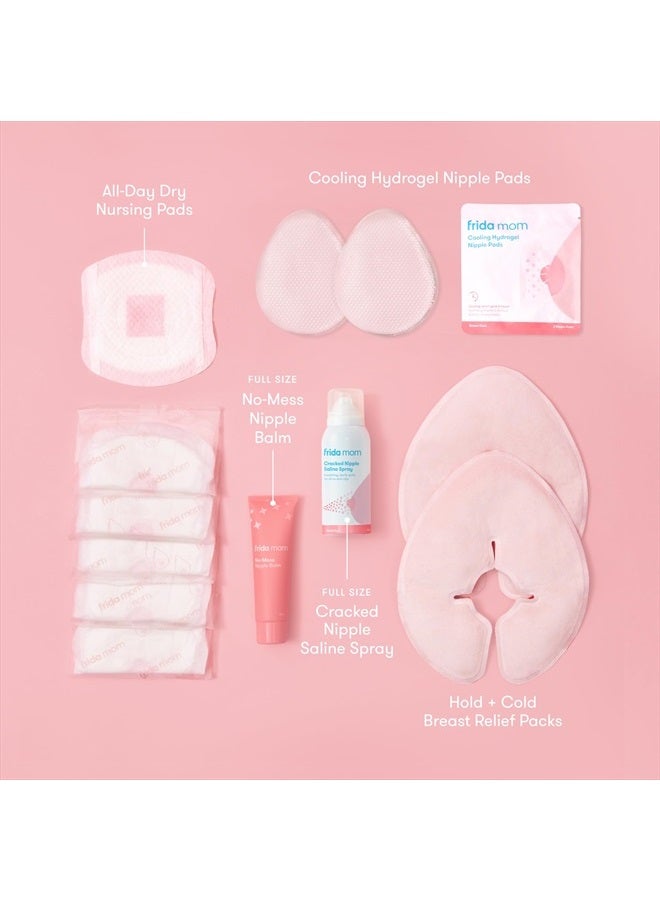 Breastfeeding Survival Kit for Nursing Moms | Reusable Hot+Cold Breast Relief Packs, Hydrogel Nipple Pads, Cracked Nipple Saline Spray, Nipple Balm, Nursing Pads | 13 Piece Gift Set