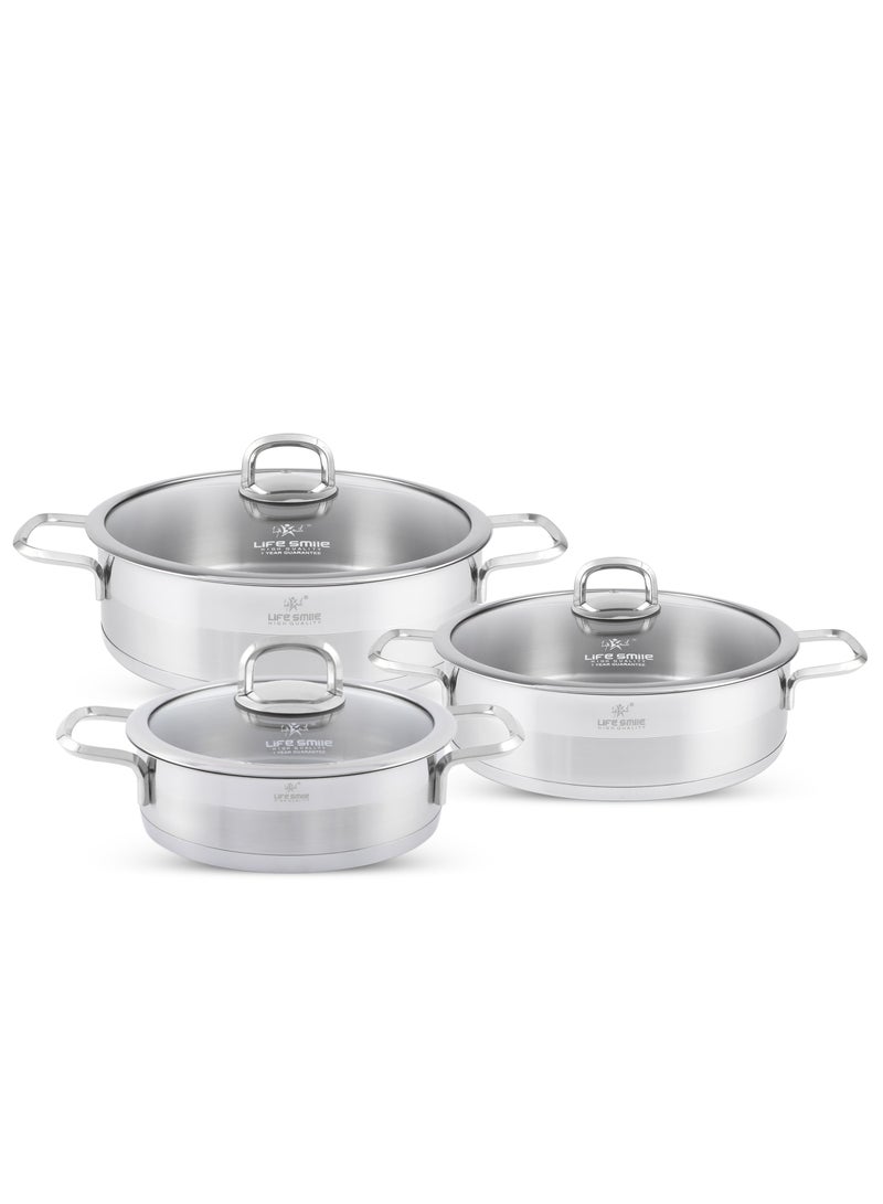 6-Piece President Series Premium 18/10 Stainless Steel Shallow Cooking Pot Set - Induction 3-Ply Thick Base Casserroles 20/24/28cm with Glass Lid for Even Heating Oven Safe Silver