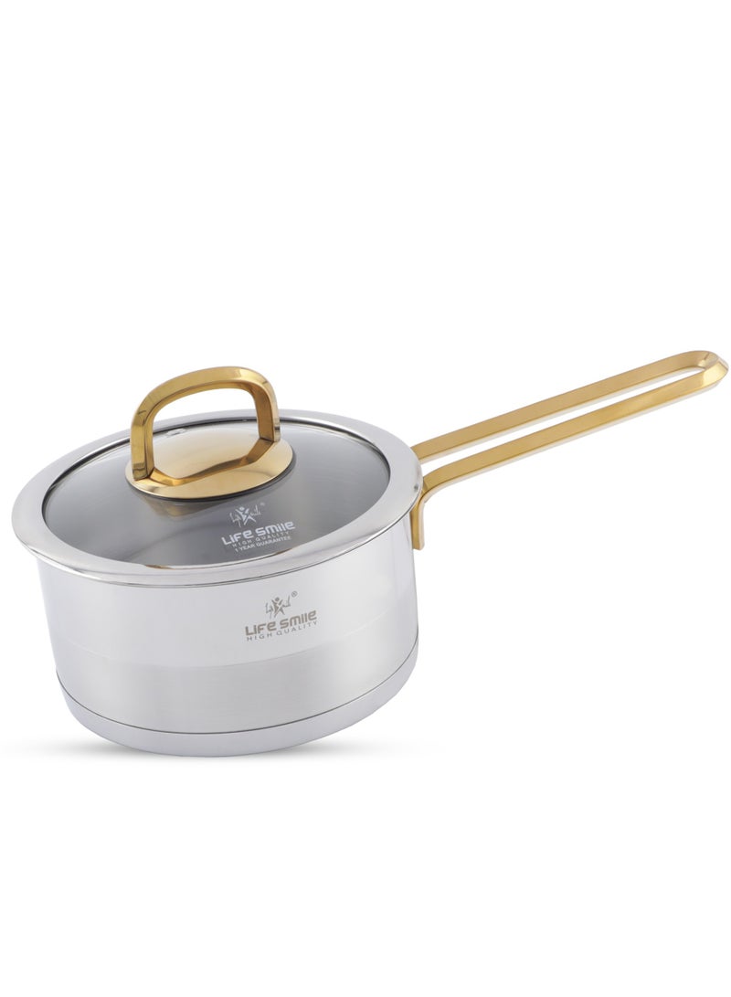 President Series Premium 18/10 Stainless Steel Sauce Pan - Induction 3-Ply Thick Base Sauce Pan with Glass Lid for Even Heating Oven Safe Silver Gold