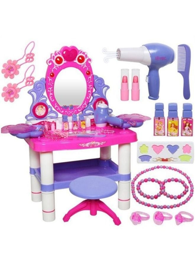 Kids Girls' Pretend Play Vanity Table Set with Mirror, Lipstick, Hair Dryer, Jewelry, and Chair - Makeup Dressing Table Toy Playset