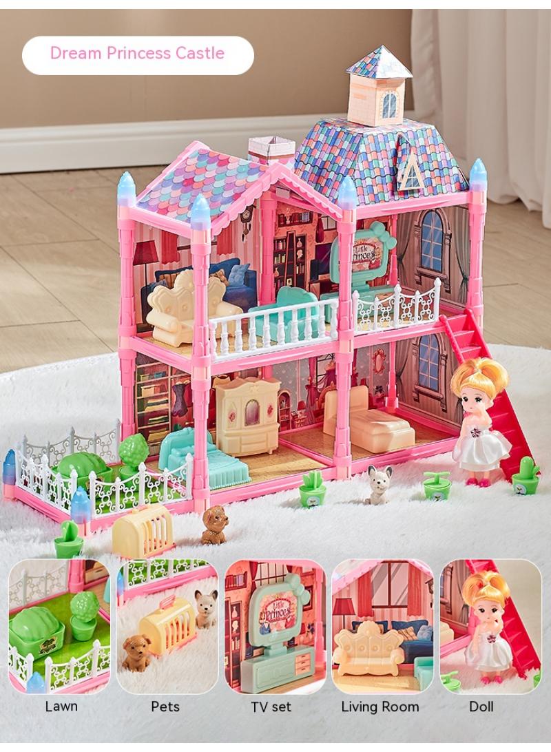 112 Pcs DIY Doll House With Night Light Princess Dream,Dream House Villa For Girls Pretend Toys-2 Story 4 Rooms Dollhouse,Toddler Playhouse Kids Gift For Girls Best Birthday Gift Children's Day