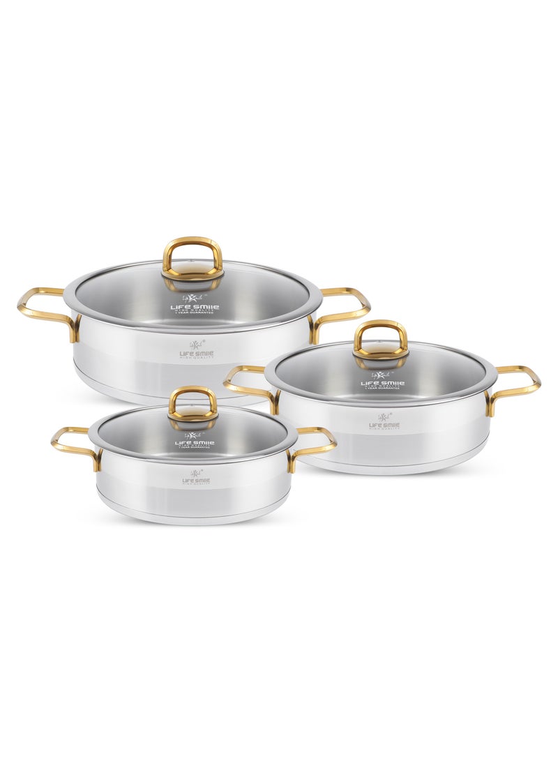 6-Piece President Series Premium 18/10 Stainless Steel Shallow Cooking Pot Set - Induction 3-Ply Thick Base Casserroles 24/28/32cm with Glass Lid for Even Heating Oven Safe Silver