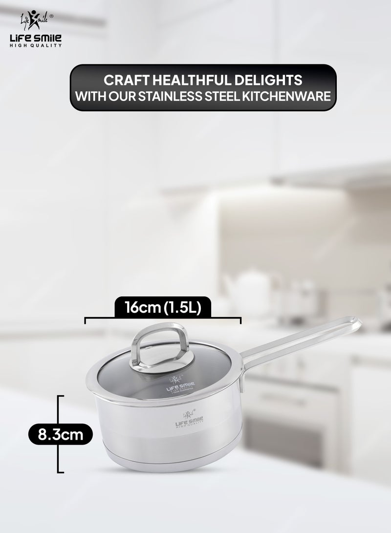 President Series Premium 18/10 Stainless Steel Sauce Pan - Induction 3-Ply Thick Base Steel Sauce Pan with Glass Lid for Even Heating Oven Safe Silver