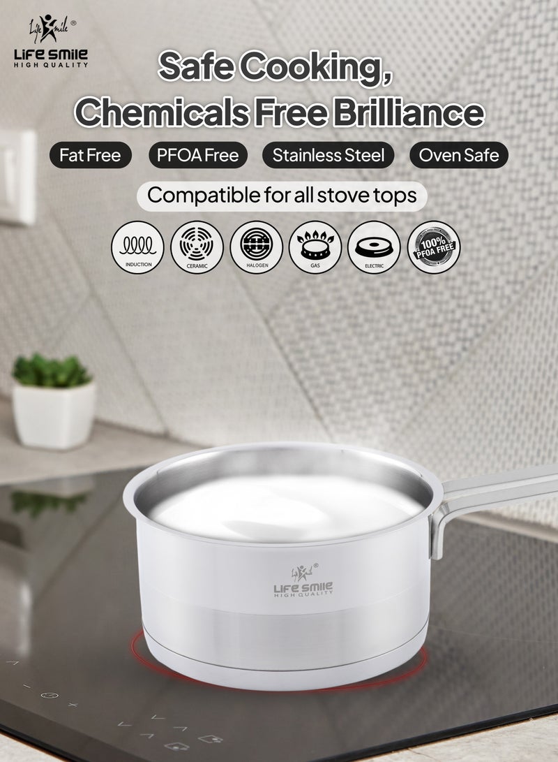 President Series Premium 18/10 Stainless Steel Sauce Pan - Induction 3-Ply Thick Base Steel Sauce Pan with Glass Lid for Even Heating Oven Safe Silver