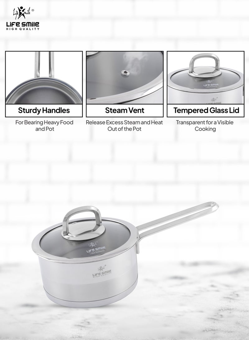 President Series Premium 18/10 Stainless Steel Sauce Pan - Induction 3-Ply Thick Base Steel Sauce Pan with Glass Lid for Even Heating Oven Safe Silver